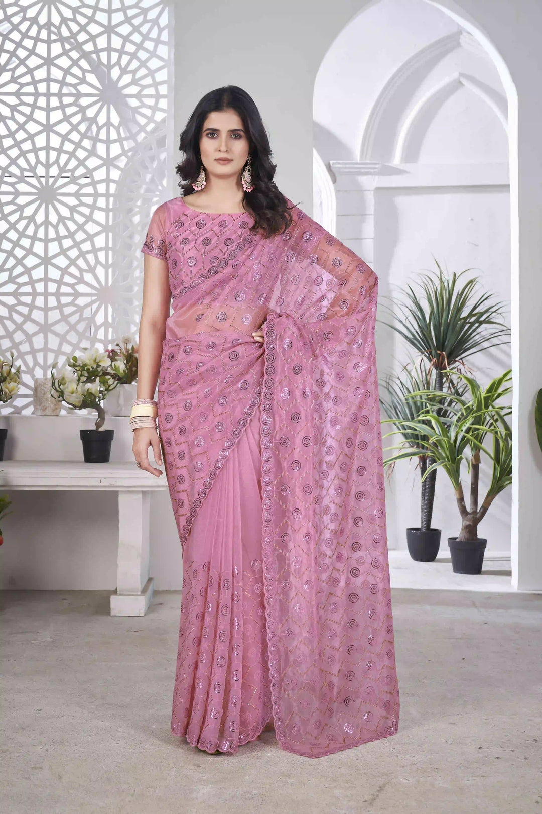 Designer Tissue Net Saree | Pite Embroidery & Sequins Festive Look