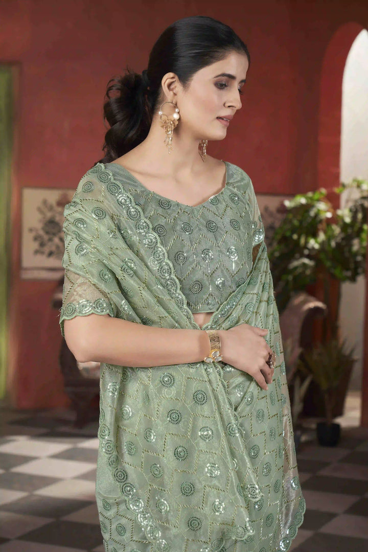 Designer Tissue Net Saree | Pite Embroidery & Sequins Festive Look