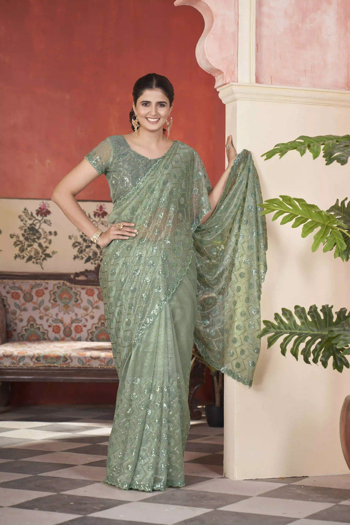 Designer Tissue Net Saree | Pite Embroidery & Sequins Festive Look