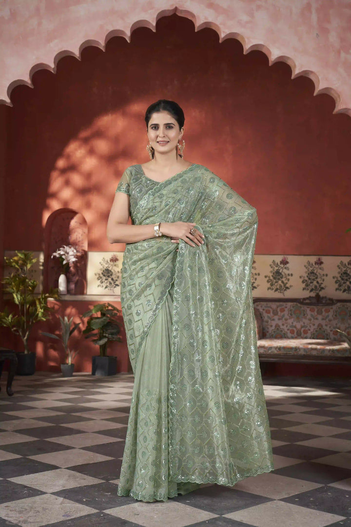 Designer Tissue Net Saree | Pite Embroidery & Sequins Festive Look