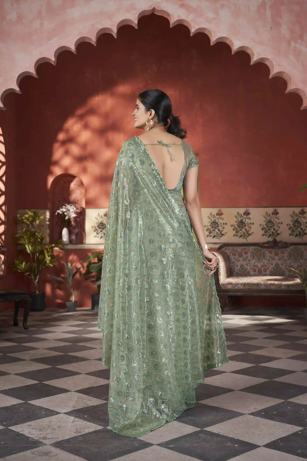 Designer Tissue Net Saree | Pite Embroidery & Sequins Festive Look