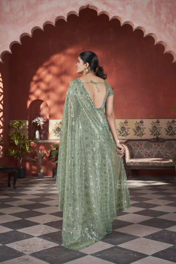 Designer Tissue Net Saree | Pite Embroidery & Sequins Festive Look