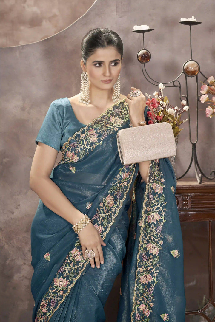 Gold Crunchy Silk Saree | Multi-Thread & Sequin Embroidery Party Wear