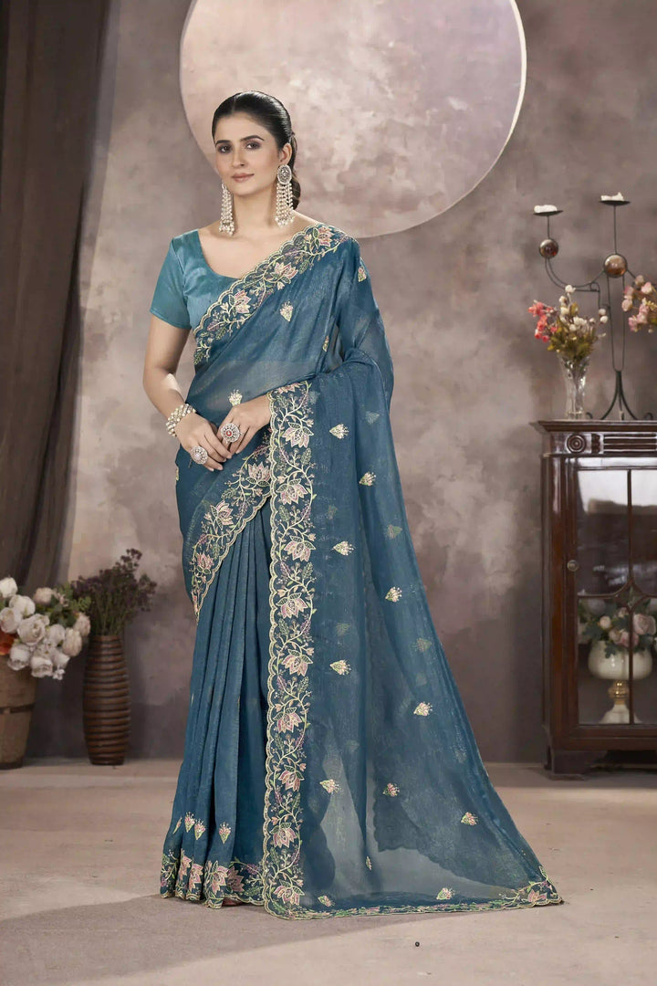Gold Crunchy Silk Saree | Multi-Thread & Sequin Embroidery Party Wear