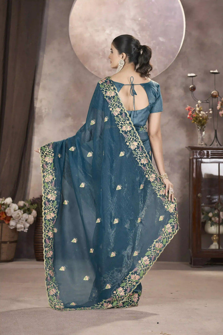 Gold Crunchy Silk Saree | Multi-Thread & Sequin Embroidery Party Wear