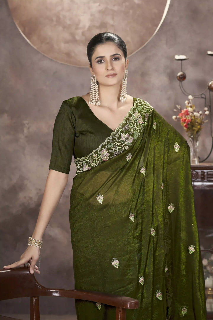 Gold Crunchy Silk Saree | Multi-Thread & Sequin Embroidery Party Wear