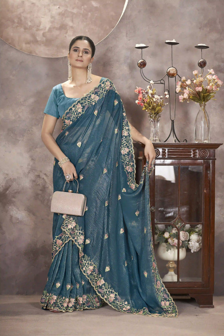 Gold Crunchy Silk Saree | Multi-Thread & Sequin Embroidery Party Wear