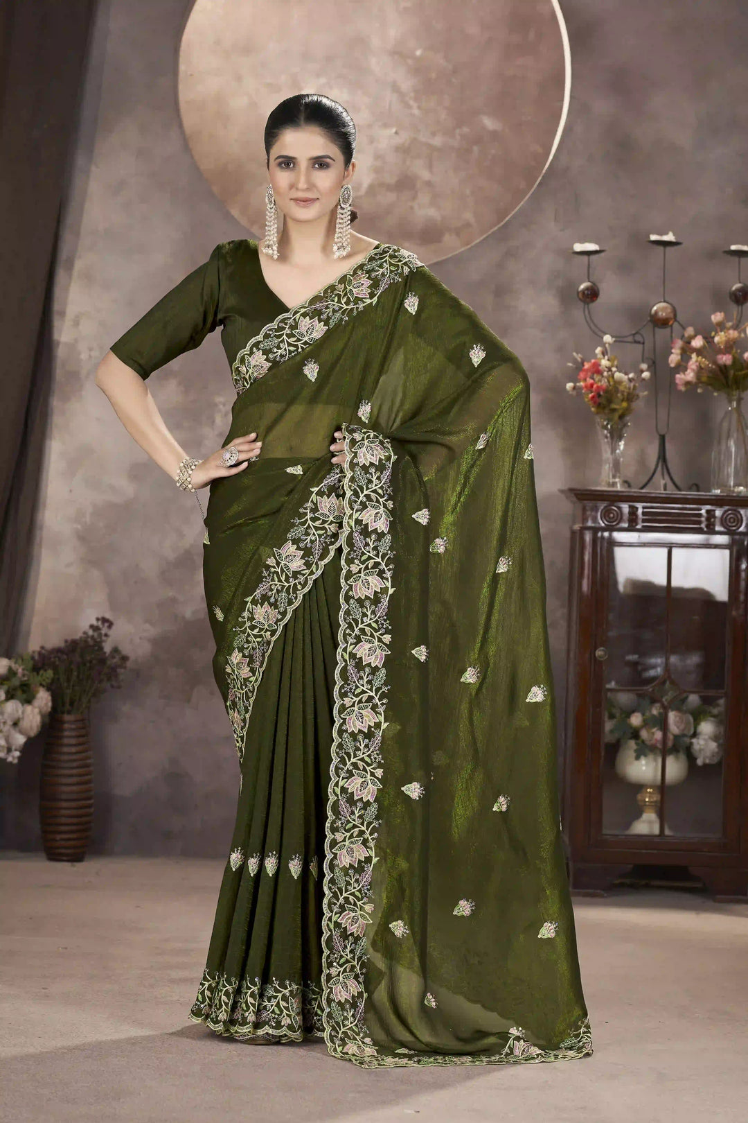 Gold Crunchy Silk Saree | Multi-Thread & Sequin Embroidery Party Wear