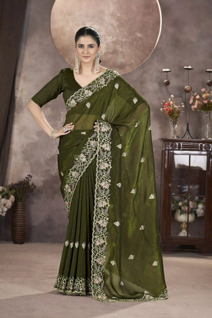 Gold Crunchy Silk Saree | Multi-Thread & Sequin Embroidery Party Wear