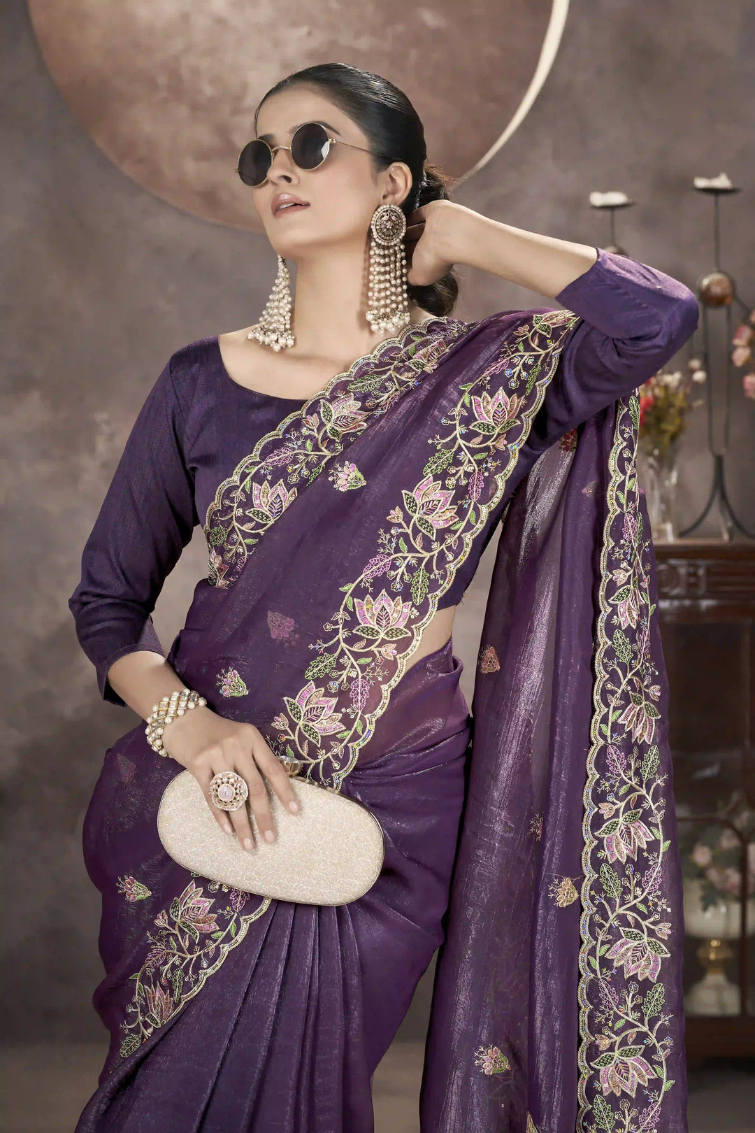 Gold Crunchy Silk Saree | Multi-Thread & Sequin Embroidery Party Wear