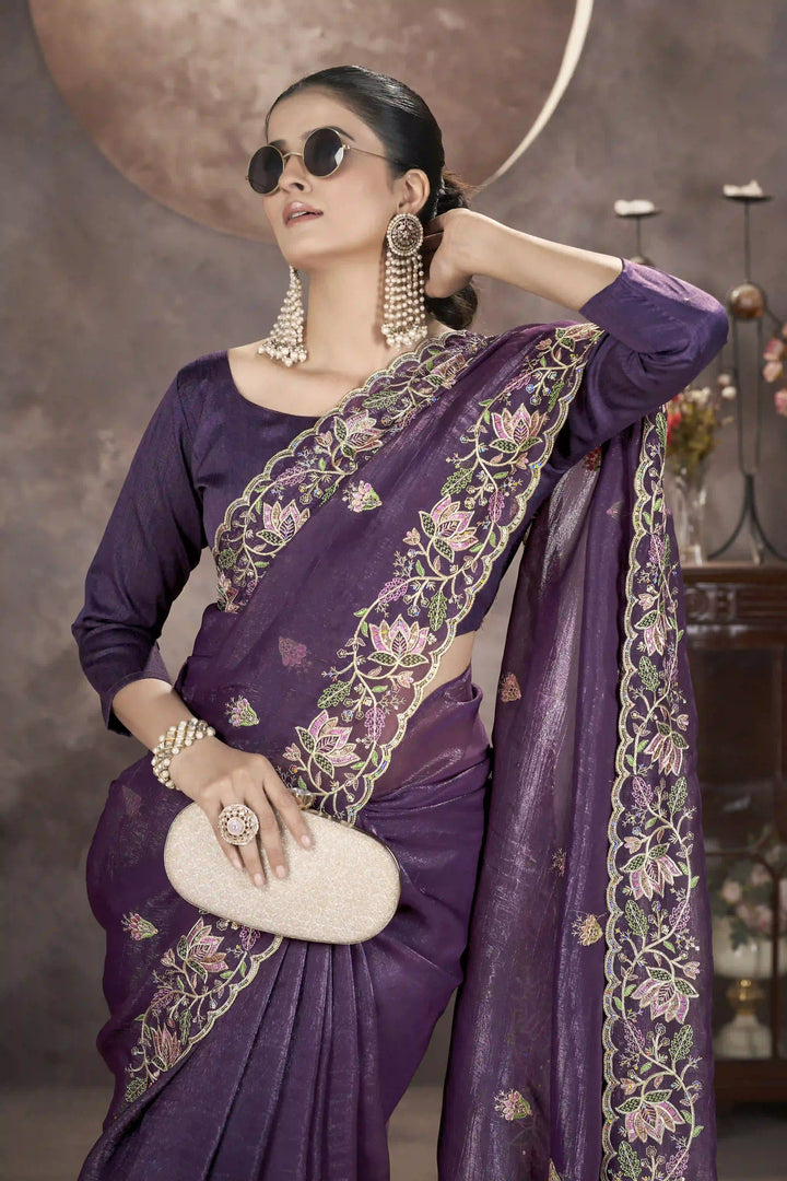 Gold Crunchy Silk Saree | Multi-Thread & Sequin Embroidery Party Wear