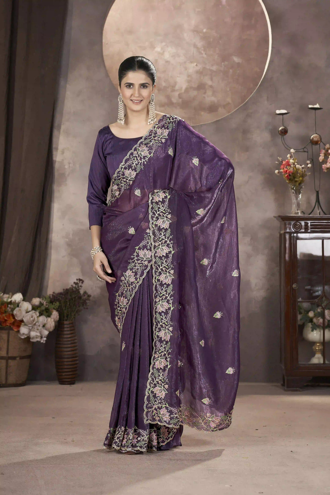 Gold Crunchy Silk Saree | Multi-Thread & Sequin Embroidery Party Wear