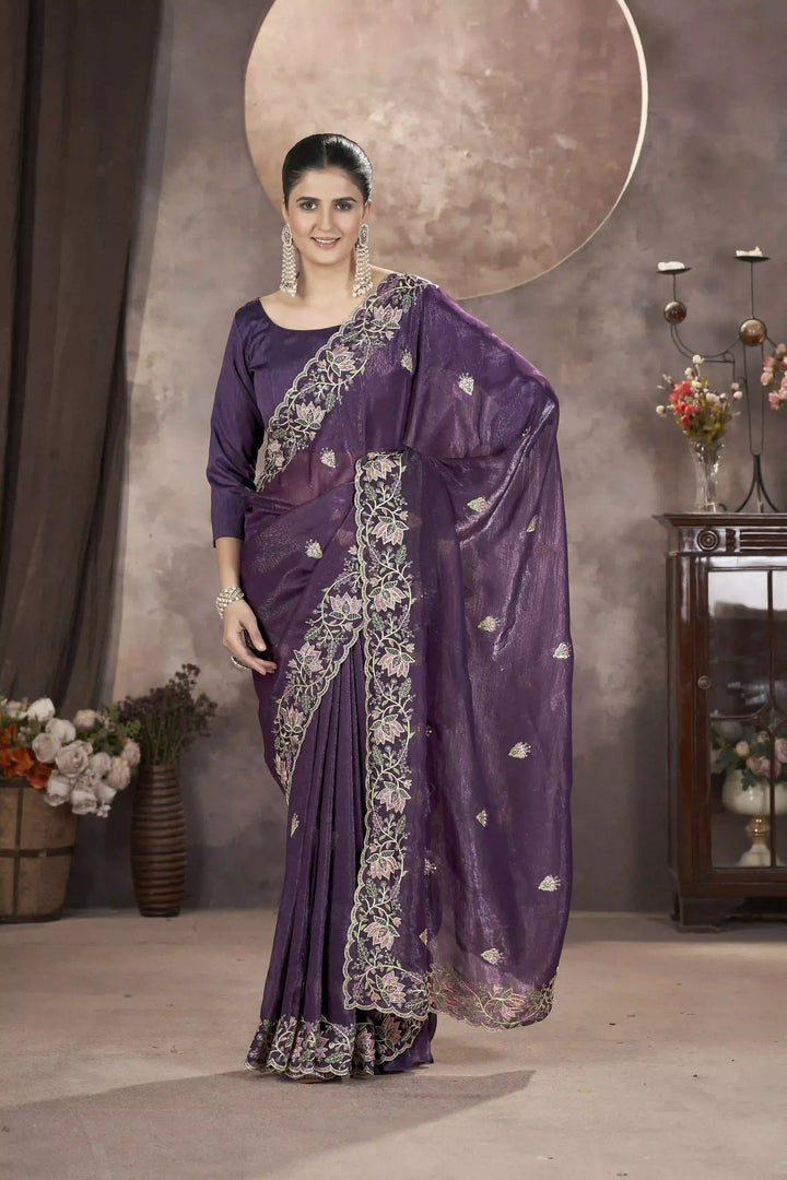 Gold Crunchy Silk Saree | Multi-Thread & Sequin Embroidery Party Wear