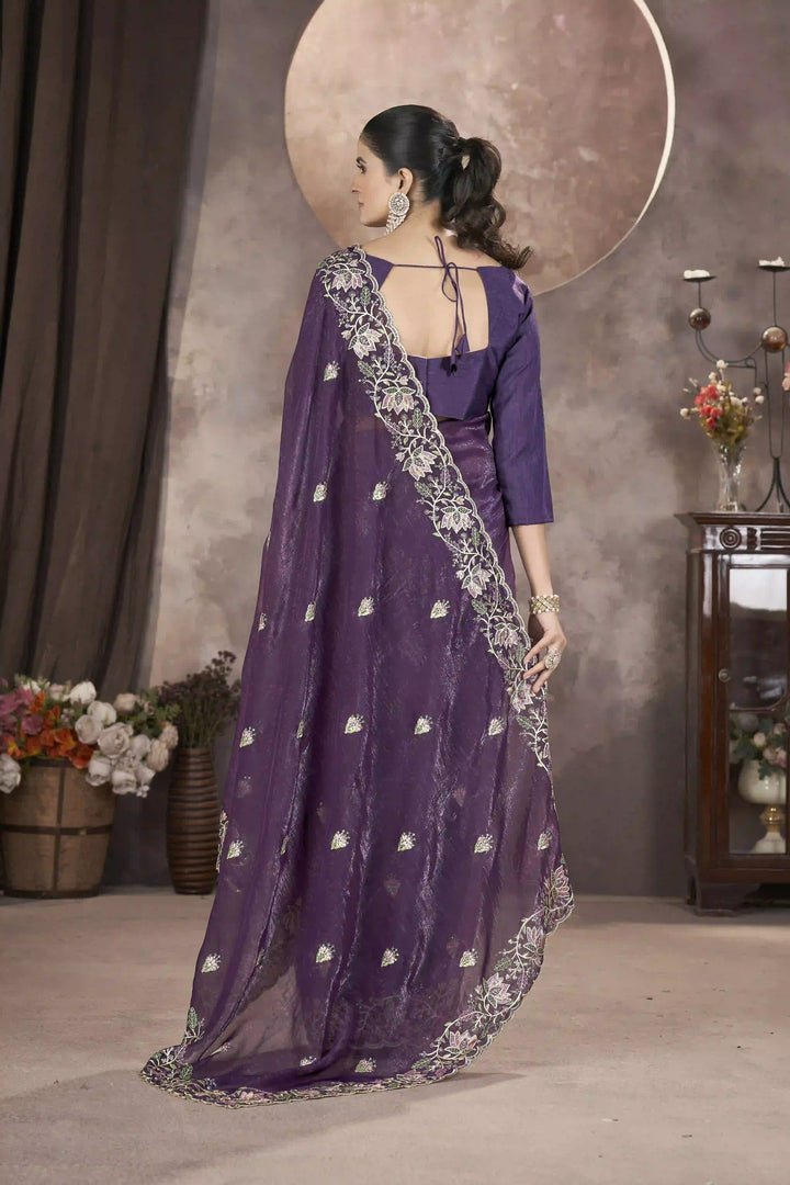 Gold Crunchy Silk Saree | Multi-Thread & Sequin Embroidery Party Wear