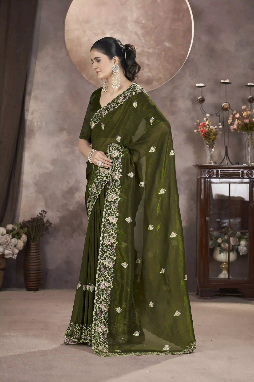 Gold Crunchy Silk Saree | Multi-Thread & Sequin Embroidery Party Wear