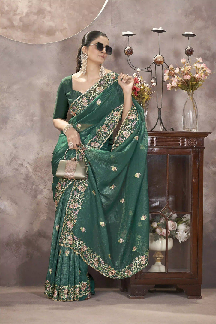 Gold Crunchy Silk Saree | Multi-Thread & Sequin Embroidery Party Wear