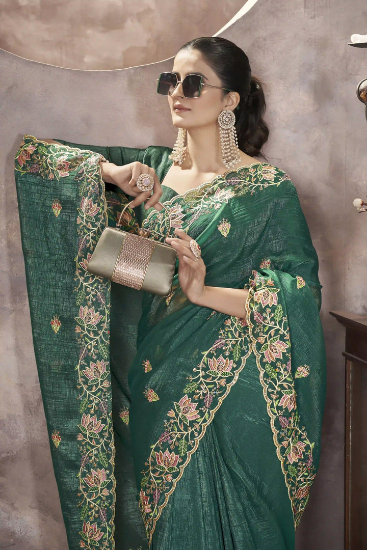 Gold Crunchy Silk Saree | Multi-Thread & Sequin Embroidery Party Wear