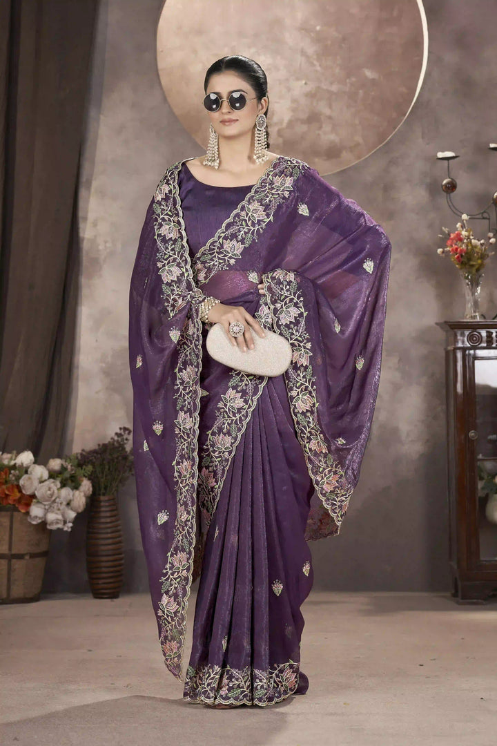 Gold Crunchy Silk Saree | Multi-Thread & Sequin Embroidery Party Wear