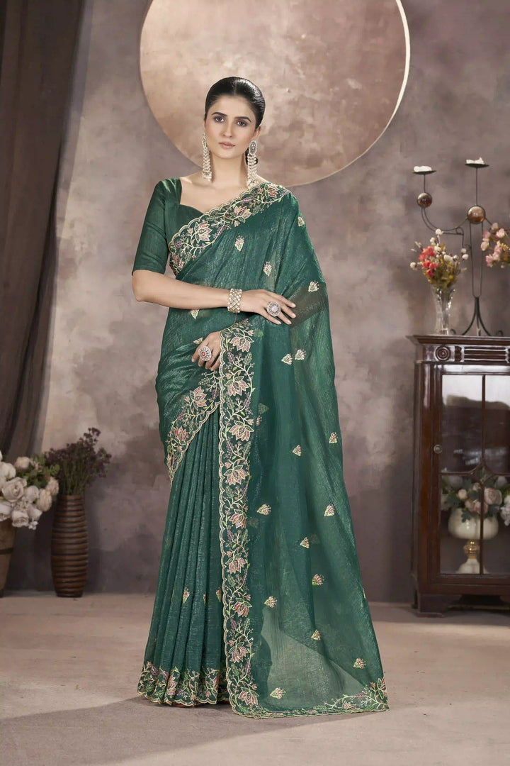 Gold Crunchy Silk Saree | Multi-Thread & Sequin Embroidery Party Wear