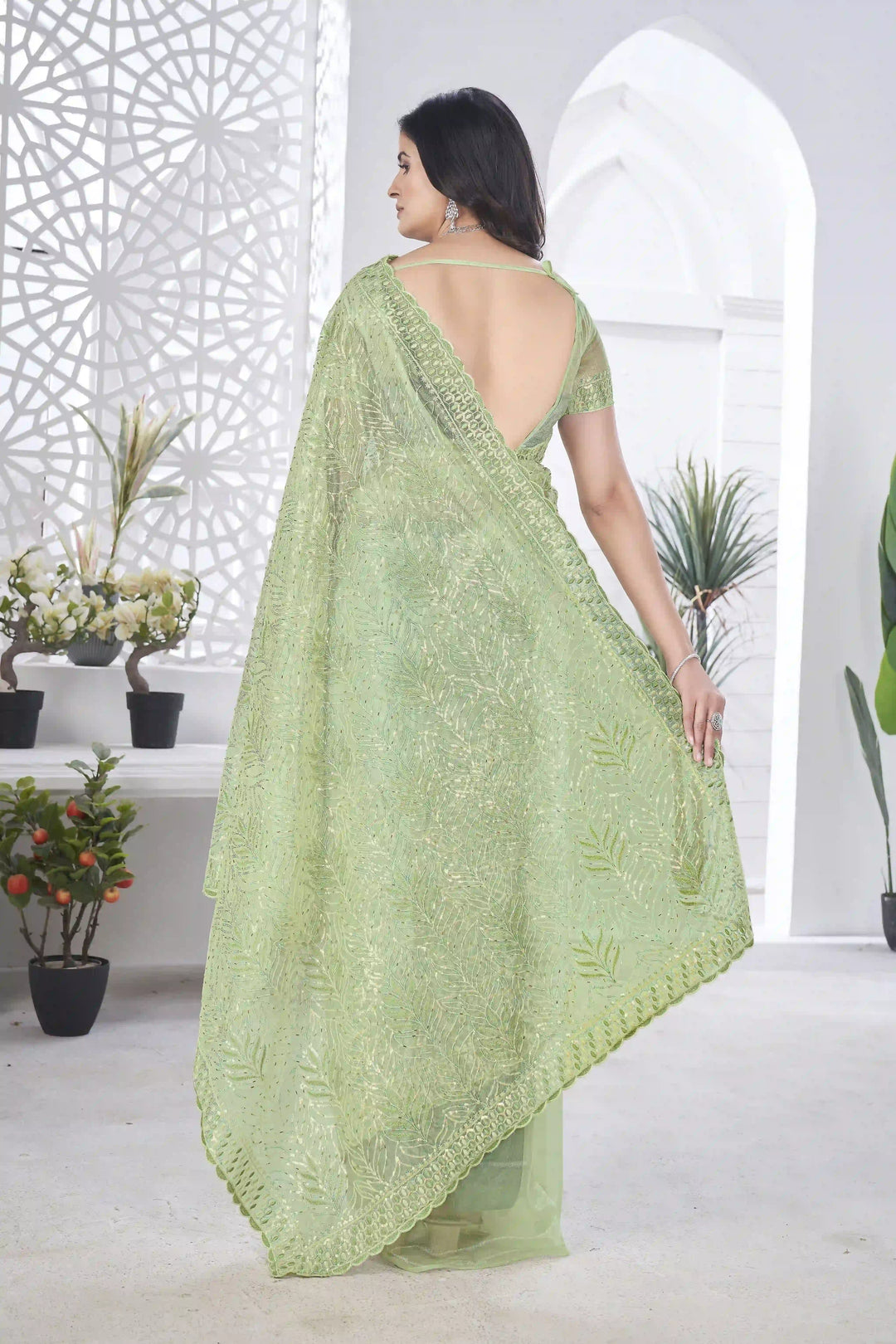 Tissue Net Saree | Designer Multi-Thread & Sequins Cut Work Embroidery