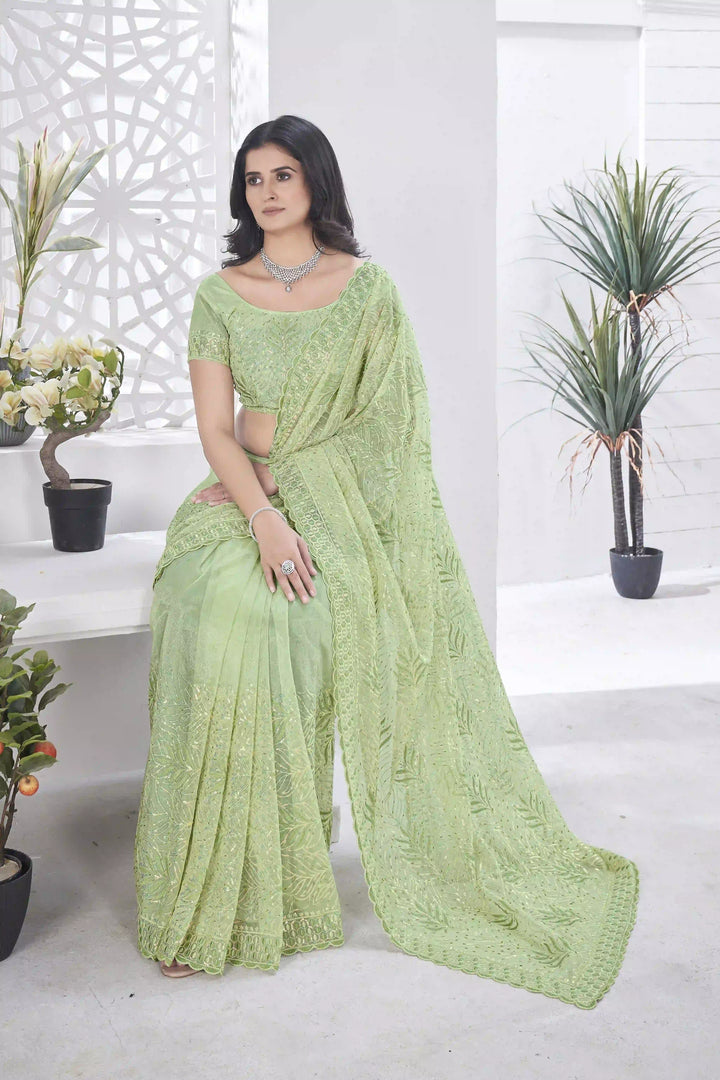 Tissue Net Saree | Designer Multi-Thread & Sequins Cut Work Embroidery