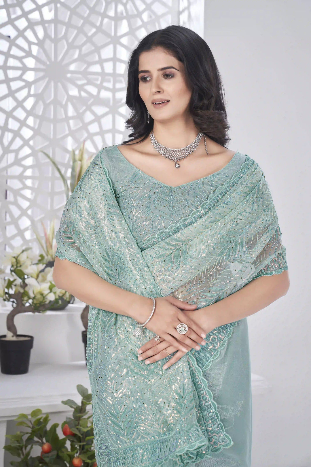 Tissue Net Saree | Designer Multi-Thread & Sequins Cut Work Embroidery