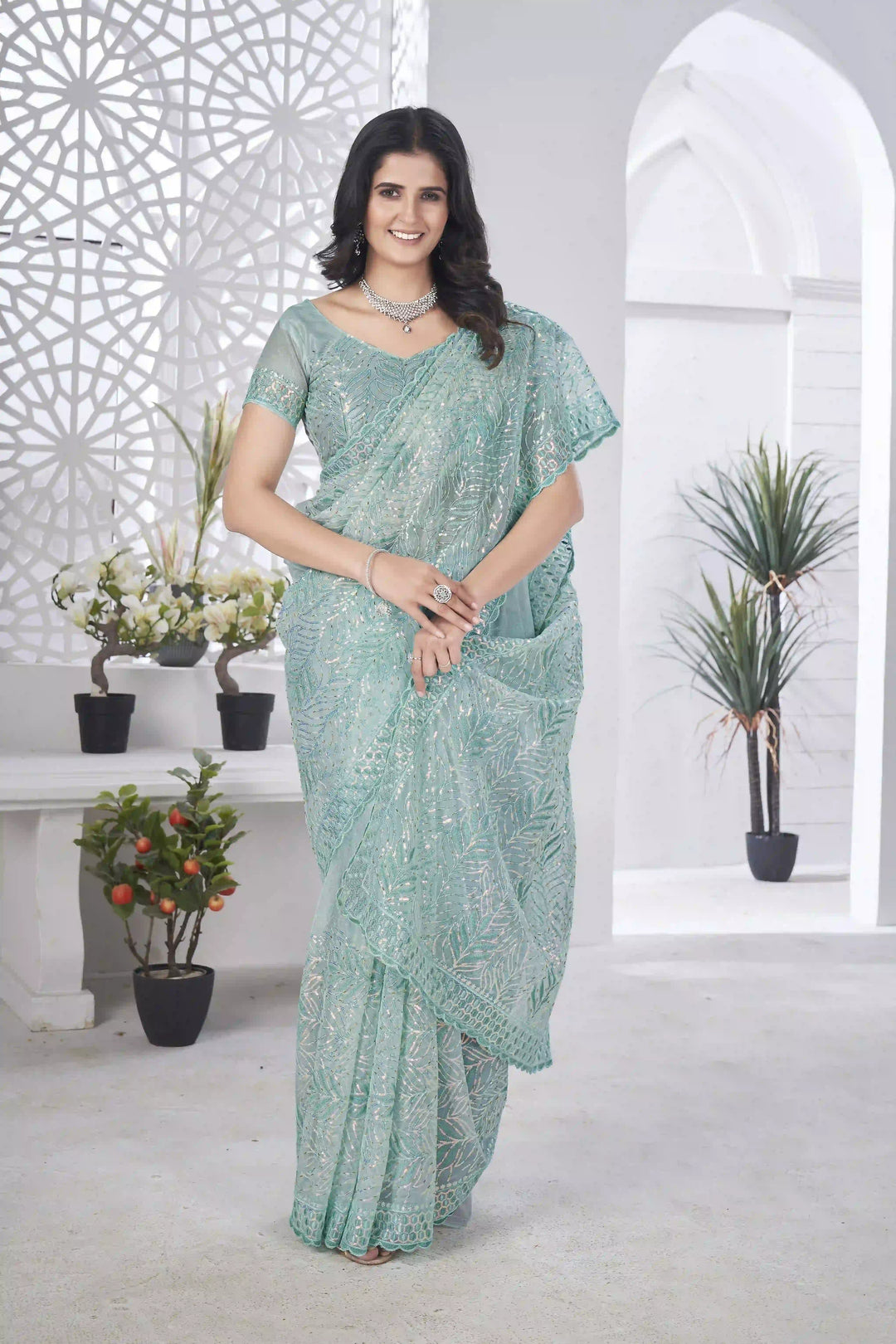Tissue Net Saree | Designer Multi-Thread & Sequins Cut Work Embroidery