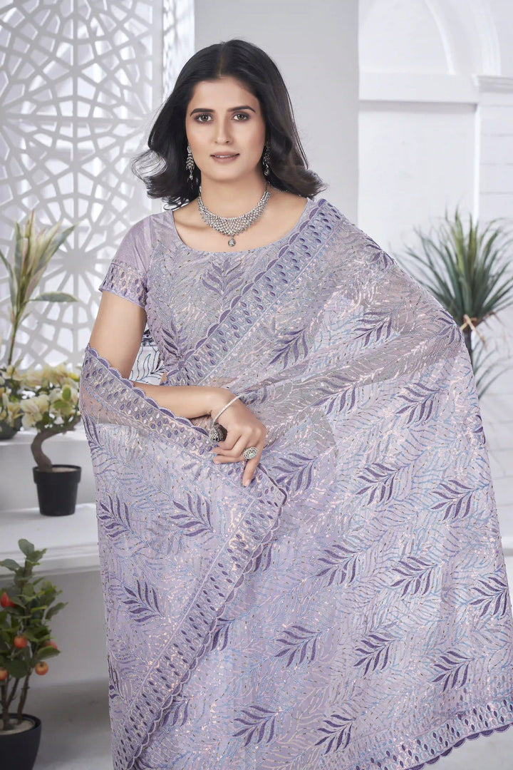 Tissue Net Saree | Designer Multi-Thread & Sequins Cut Work Embroidery