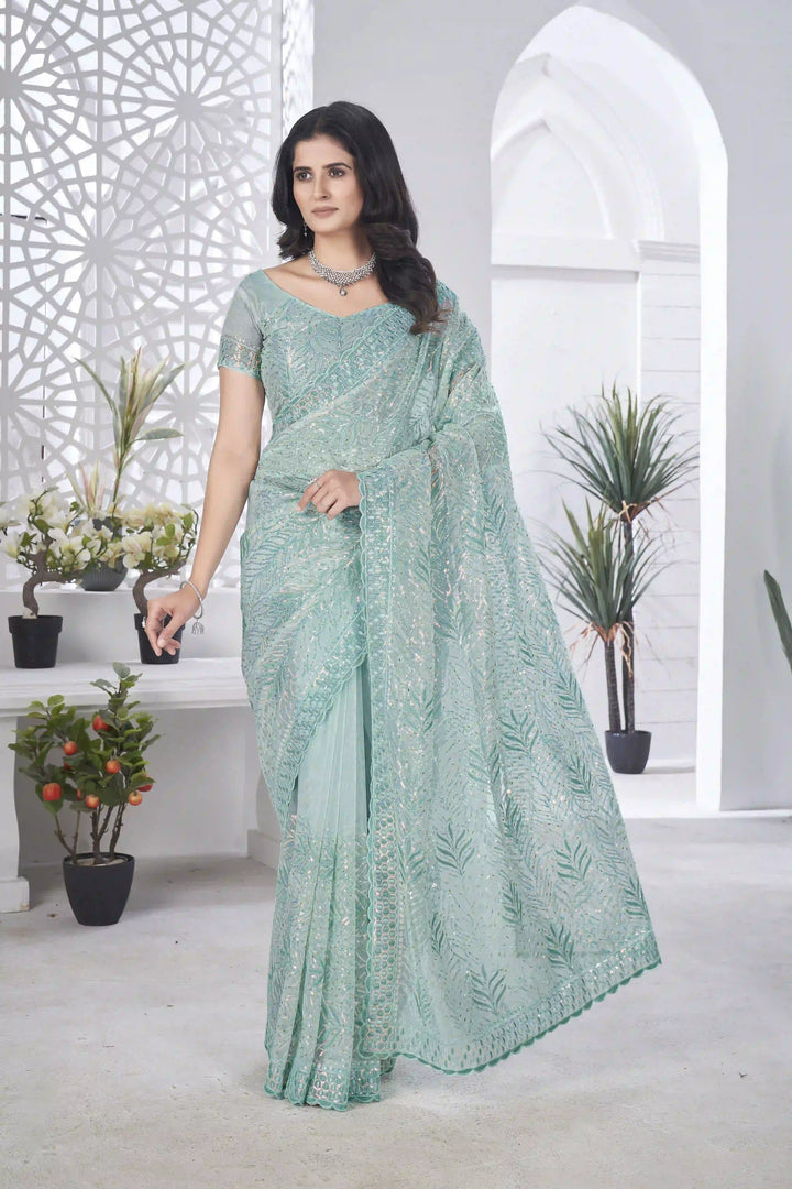 Tissue Net Saree | Designer Multi-Thread & Sequins Cut Work Embroidery