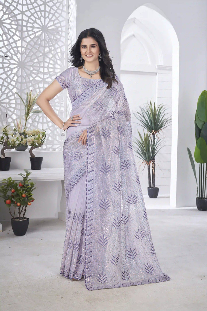 Tissue Net Saree | Designer Multi-Thread & Sequins Cut Work Embroidery