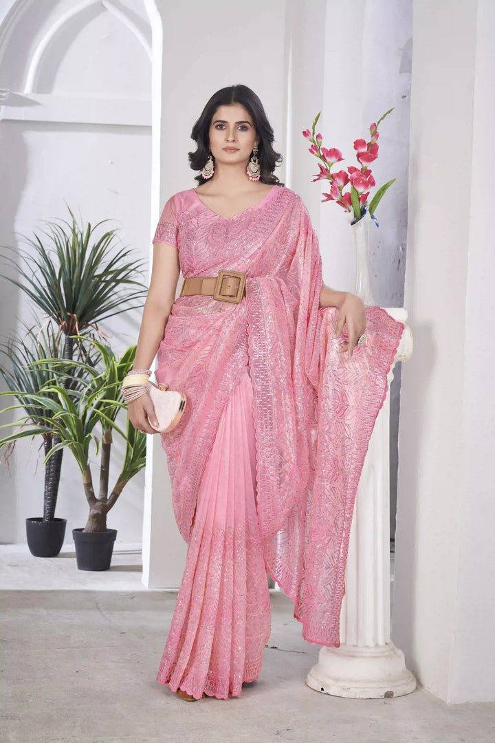 Tissue Net Saree | Designer Multi-Thread & Sequins Cut Work Embroidery
