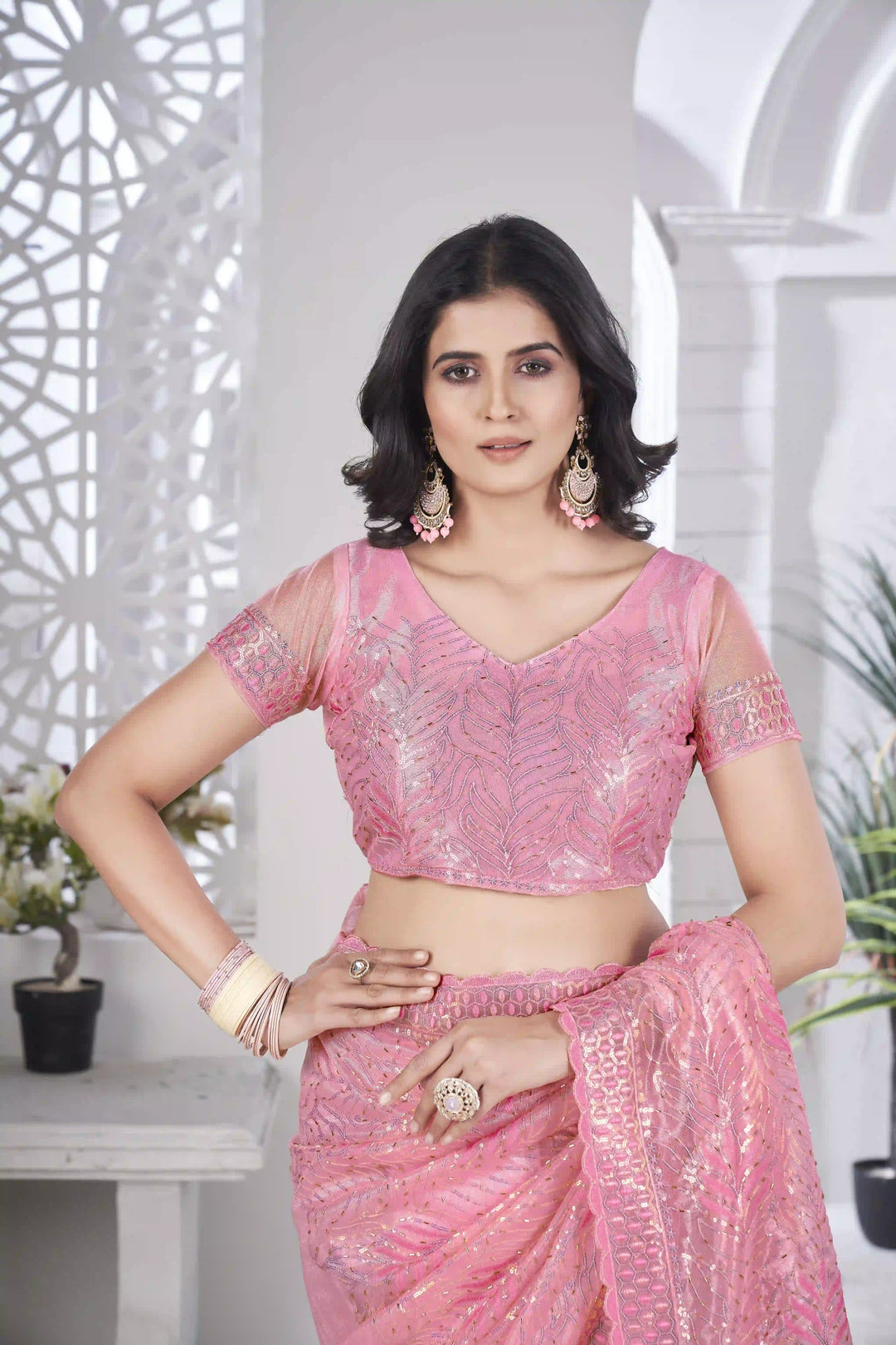 Tissue Net Saree | Designer Multi-Thread & Sequins Cut Work Embroidery