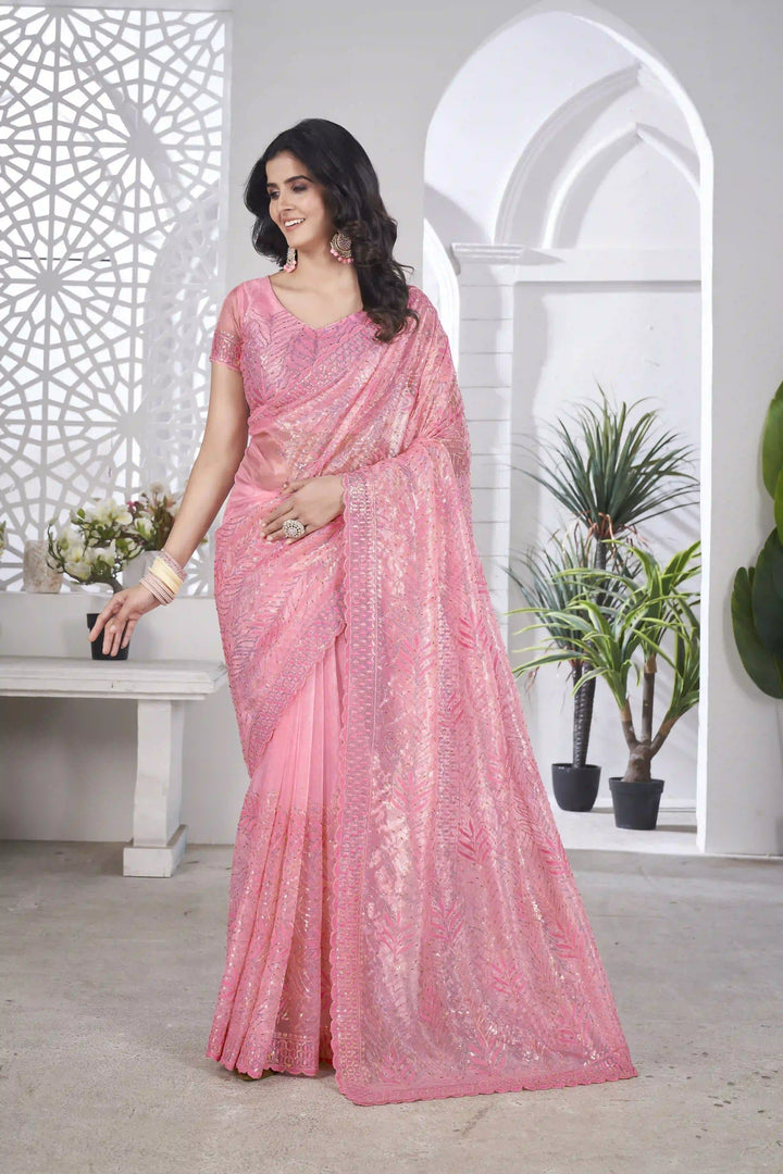 Tissue Net Saree | Designer Multi-Thread & Sequins Cut Work Embroidery