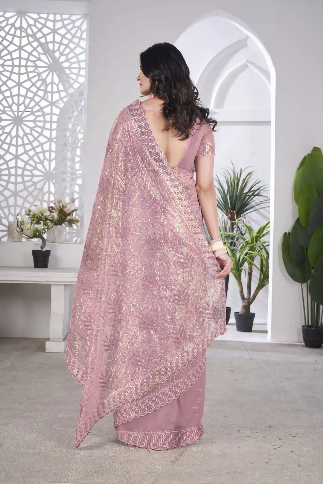 Tissue Net Saree | Designer Multi-Thread & Sequins Cut Work Embroidery