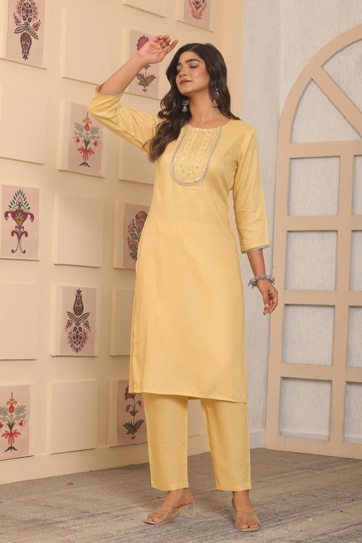 Light Yellow Rayon Kurti Set | Rayon Embroidered Kurti with Matching Bottom