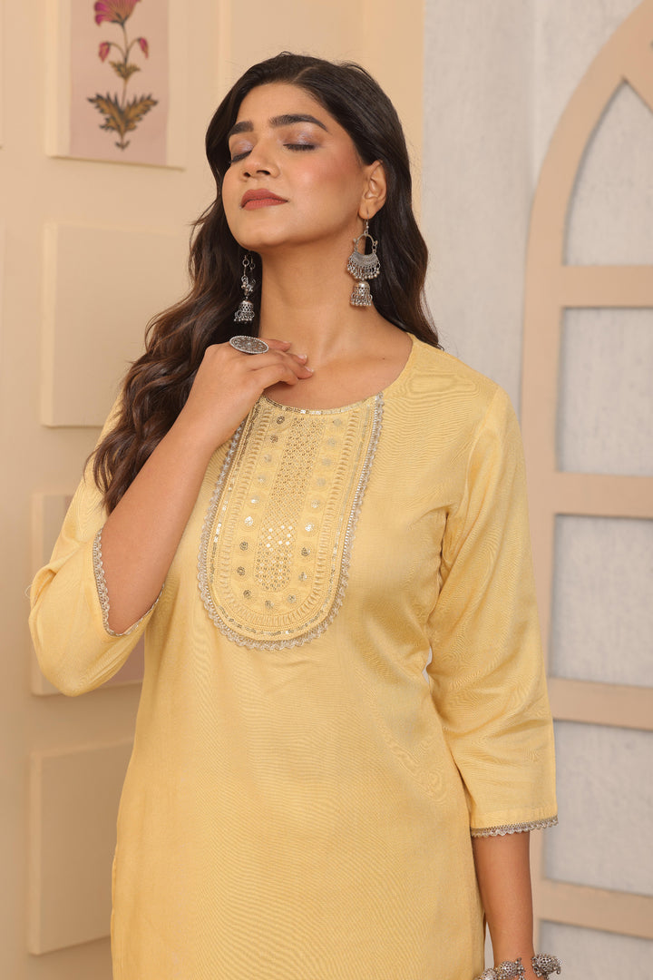 Light Yellow Rayon Kurti Set | Rayon Embroidered Kurti with Matching Bottom