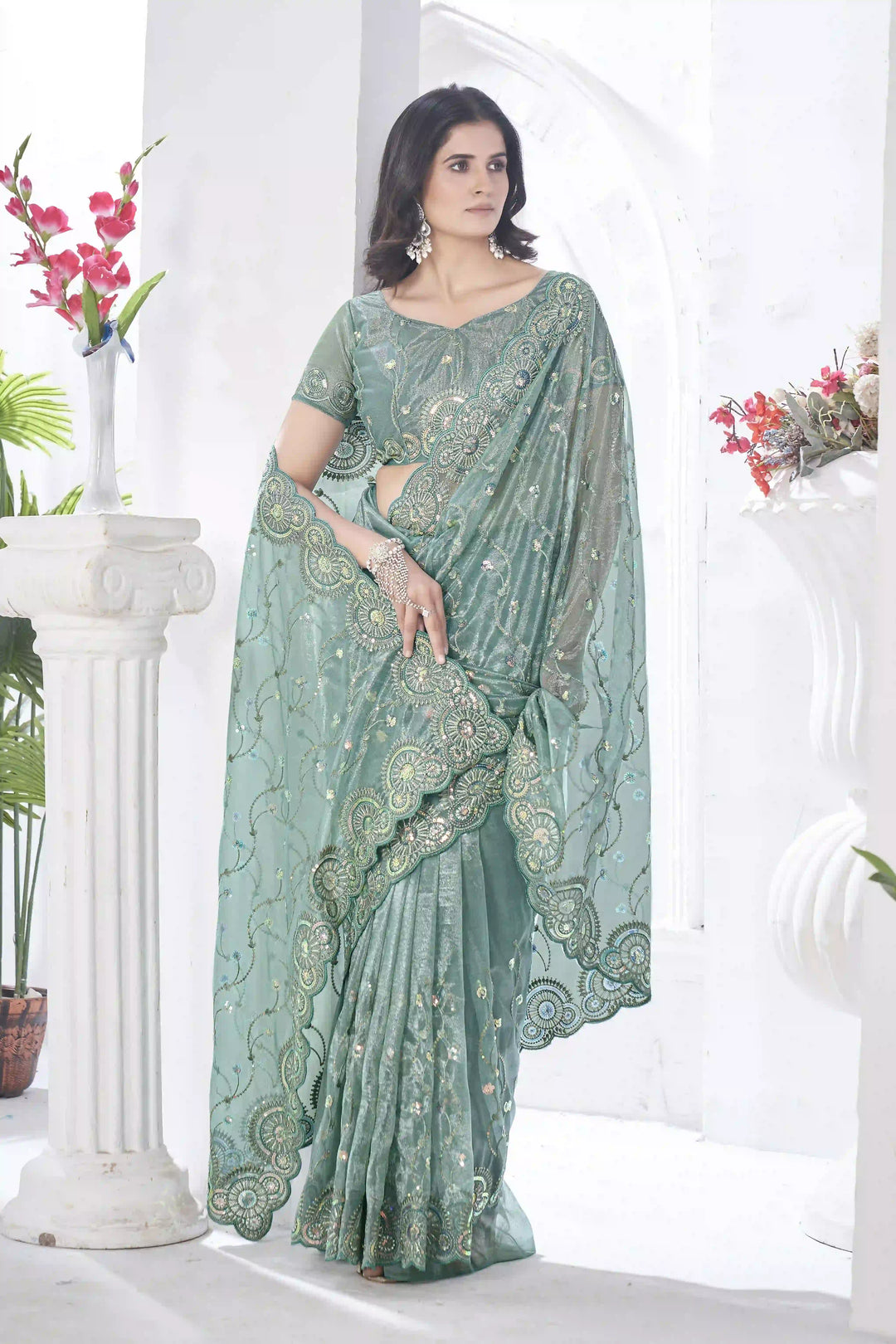 Designer Tissue Net Saree | Elegant Embroidery Work Wedding Special