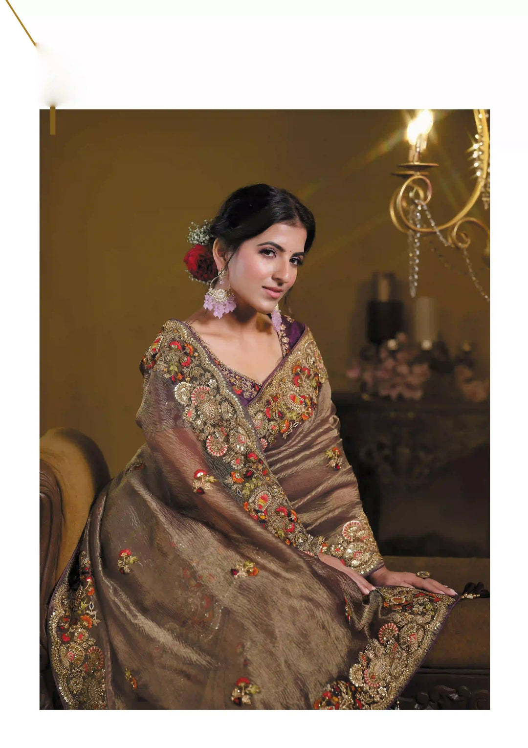 Soft Wine Banarasi Crush Saree | Heavy Embroidery & Khatli Work Party Wear