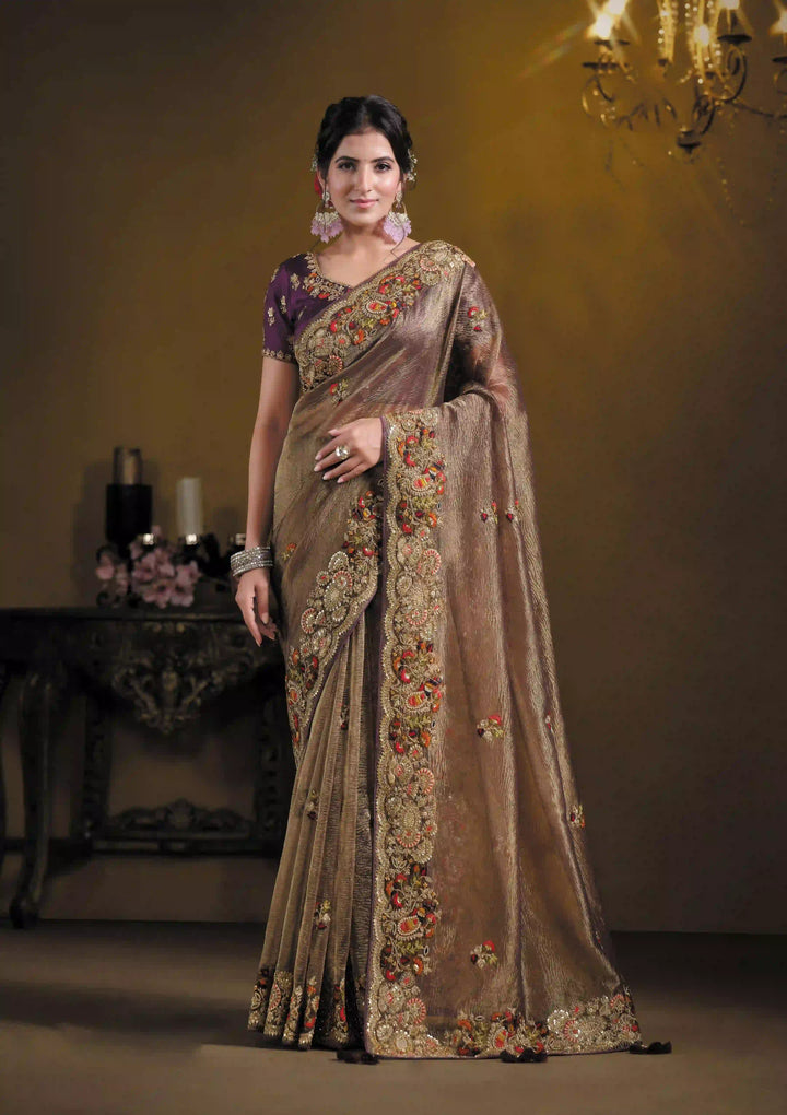 Soft Wine Banarasi Crush Saree | Heavy Embroidery & Khatli Work Party Wear