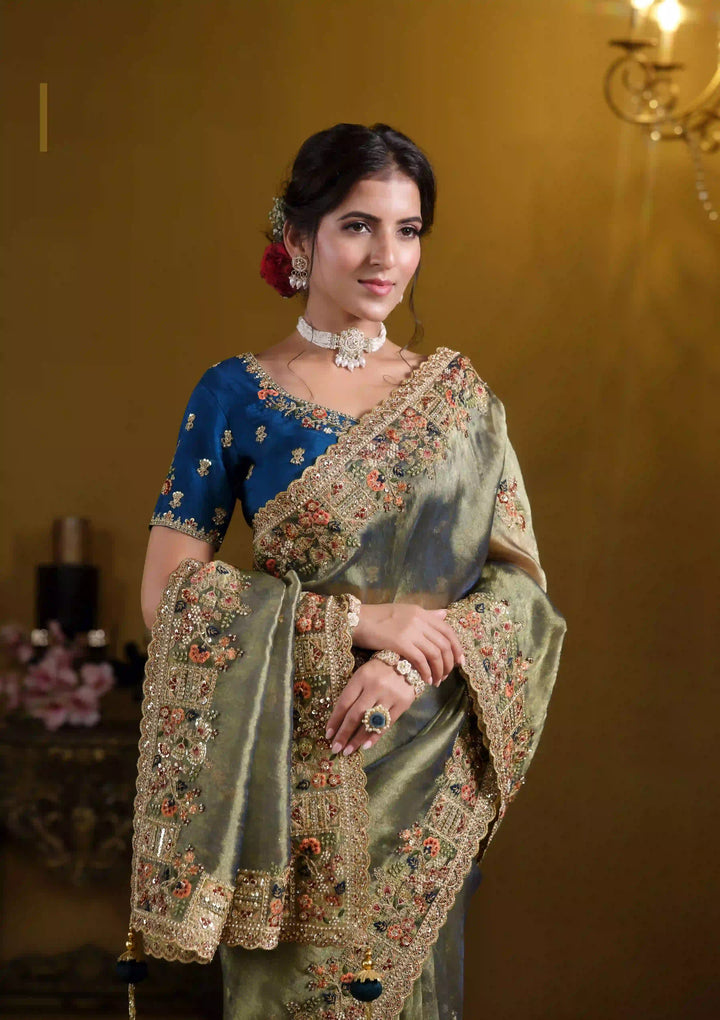 Pastel Green Saree | Georgette & Zari Organza Heavy Embroidery & Khatli