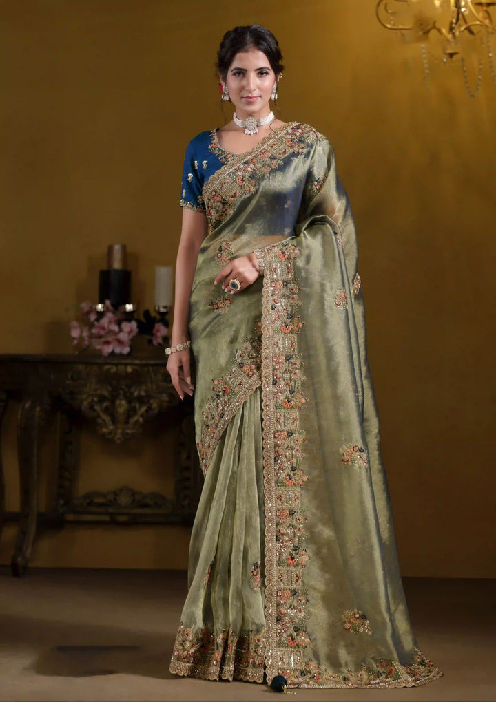Pastel Green Saree | Georgette & Zari Organza Heavy Embroidery & Khatli