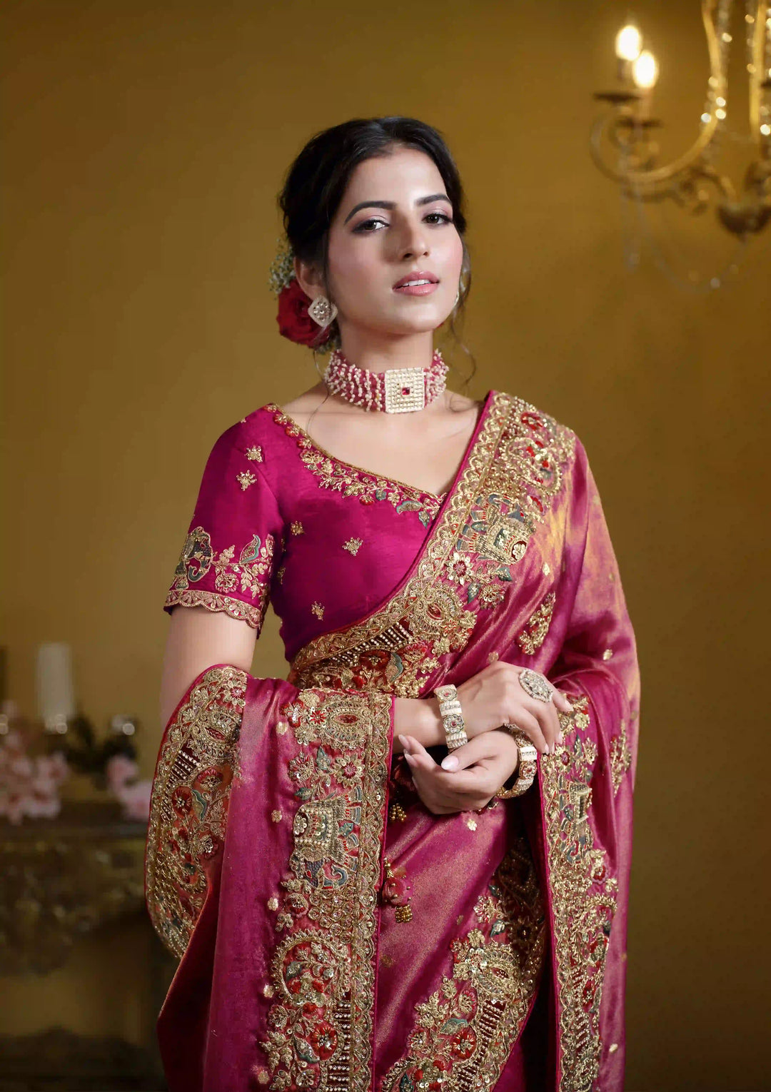 Bright Pink Saree Organza Silk & Viscose Satin | Embroidered Wedding  Wear