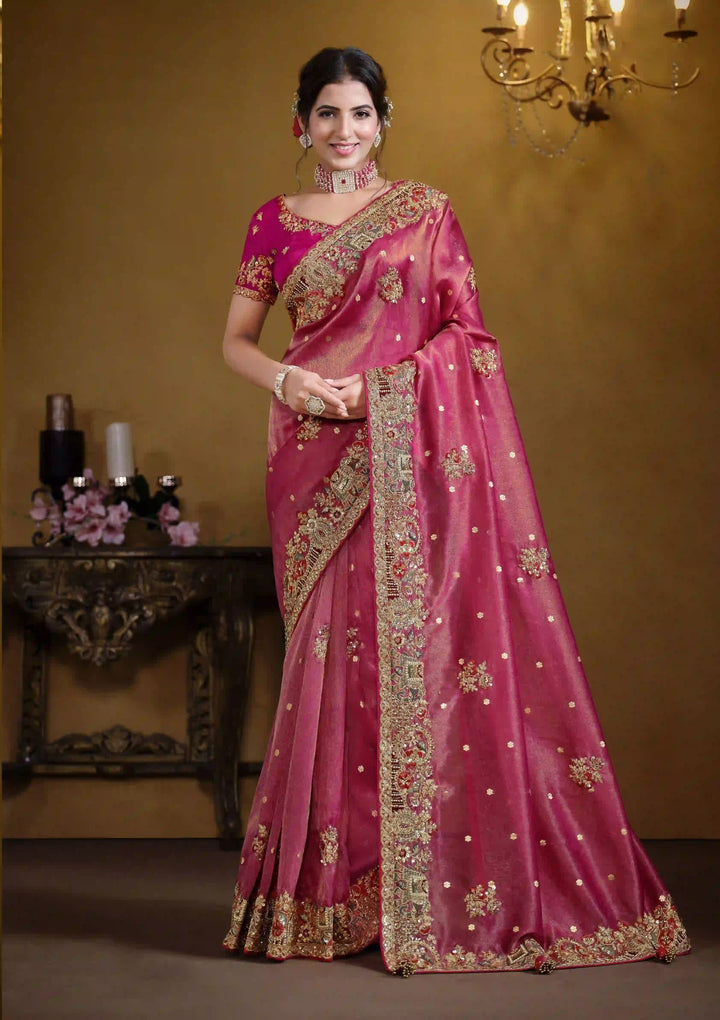 Bright Pink Saree Organza Silk & Viscose Satin | Embroidered Wedding  Wear