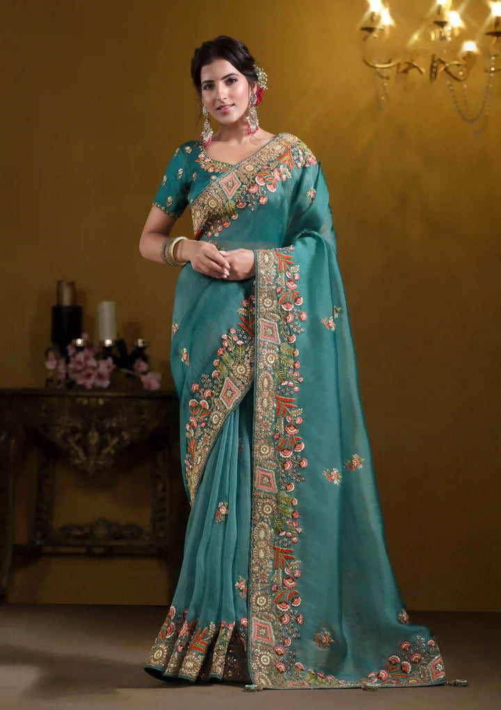 Teal Blue Sare Twill Tissue & Viscose Satin | Heavy Embroidery Wedding Wear