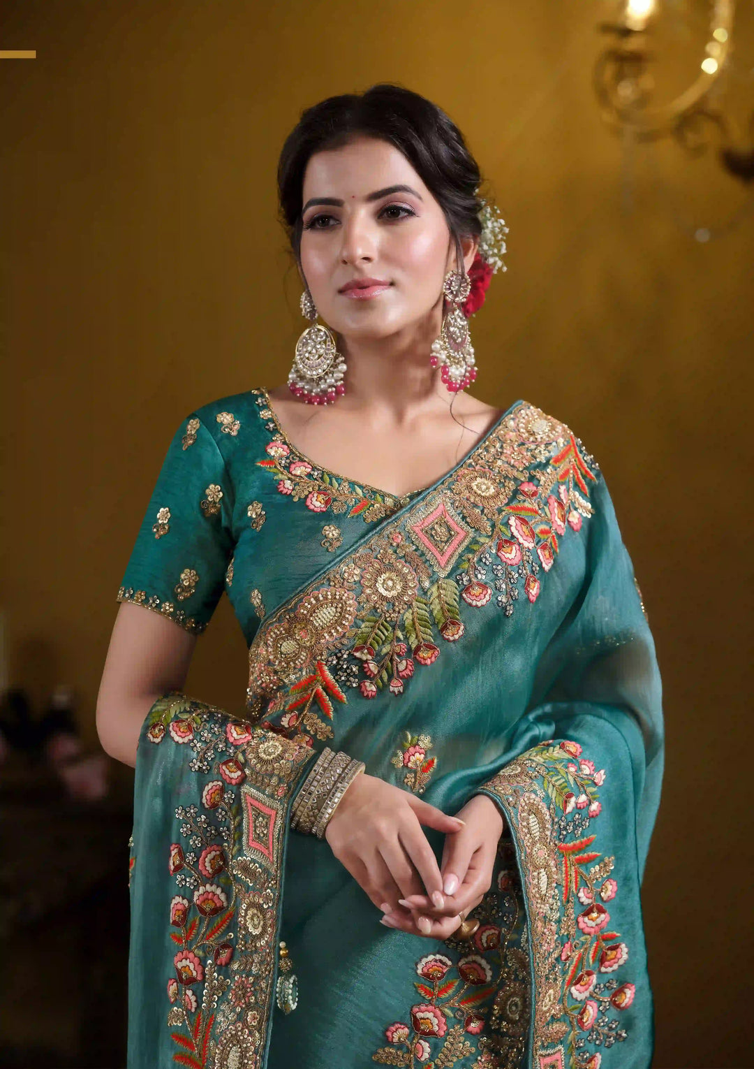 Teal Blue Sare Twill Tissue & Viscose Satin | Heavy Embroidery Wedding Wear