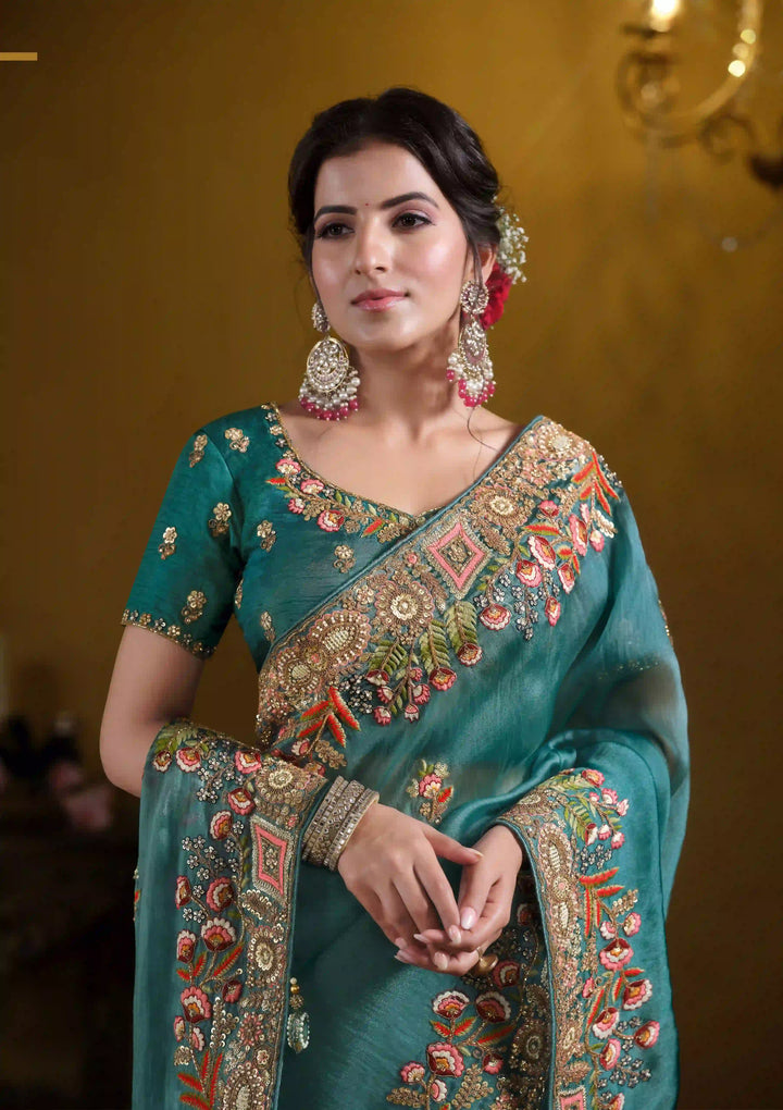Teal Blue Sare Twill Tissue & Viscose Satin | Heavy Embroidery Wedding Wear