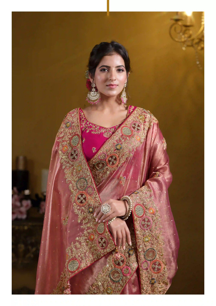 Designer Dark Peach Saree | Zari Organza Silk Elegant Wedding Wear