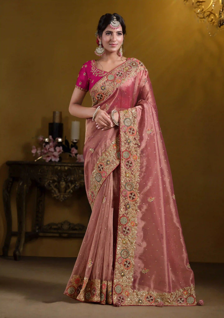 Designer Dark Peach Saree | Zari Organza Silk Elegant Wedding Wear