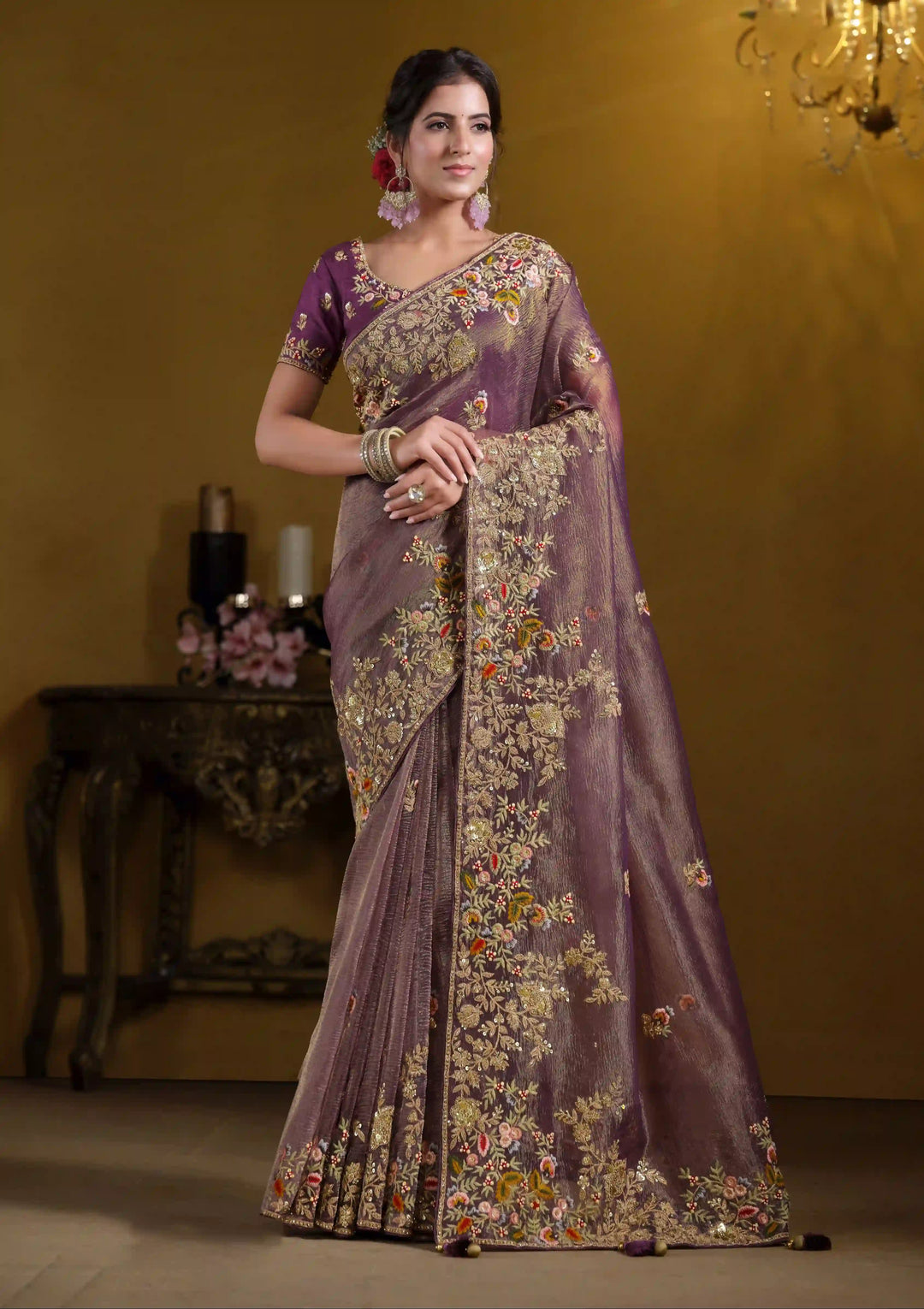 Light Purple Saree | Banarasi Crush with Heavy Embroidery & Khatli Work