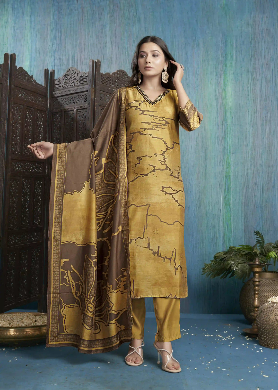 Graceful Mustard Viscose Silk Top with Roman Silk Bottom | Accentuated by a Viscose Silk Dupatta